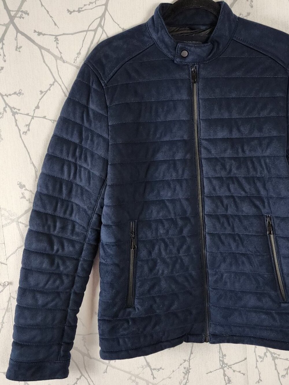 Zara Man Navy Quilted Faux Suede Full Zip Jacket